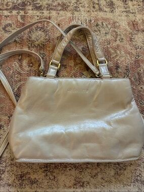 Liz Claiborne Y2K Beige Pearlized Cream Leather Crossbody Tote Small